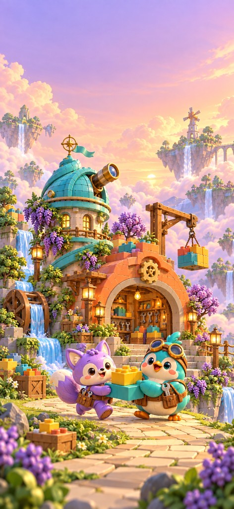 Purple fox holding a yellow building block